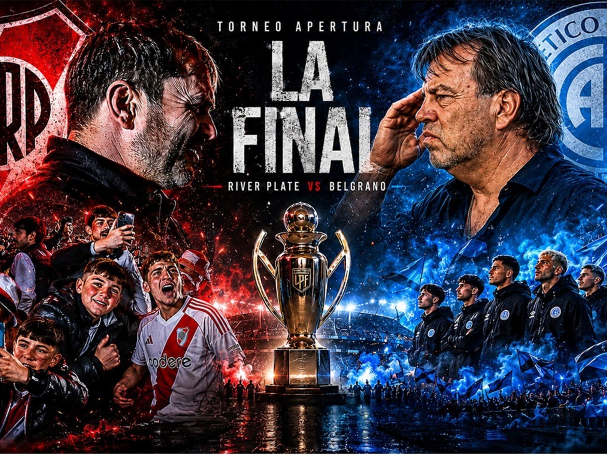Jugadores de River Plate y Belgrano de Córdoba preparándose para disputar la final del torneo Apertura en el Estadio Mario Kempes