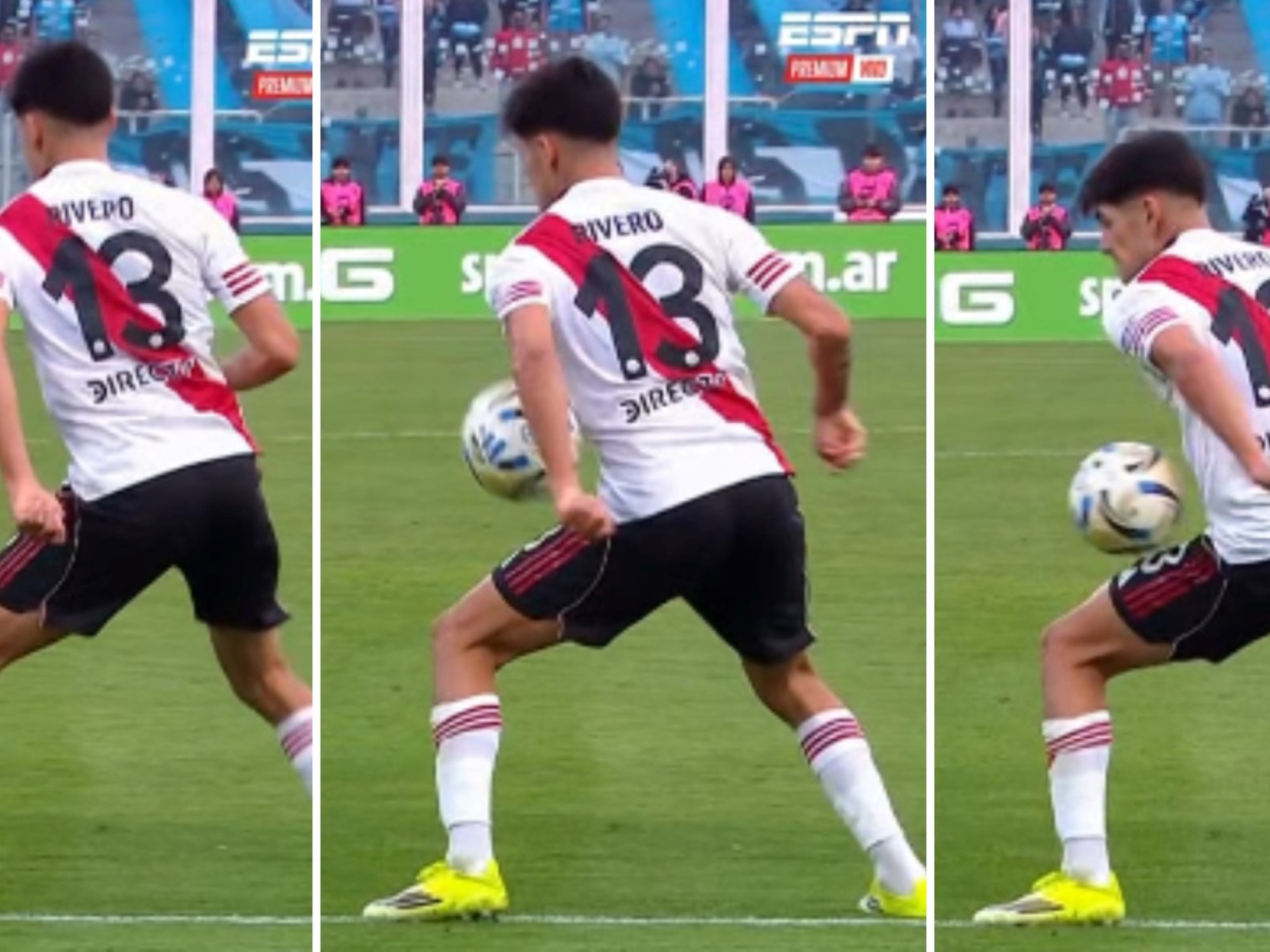 Jugadores de River y Belgrano disputando la pelota en una jugada de ataque durante la final de la Liga Profesional.