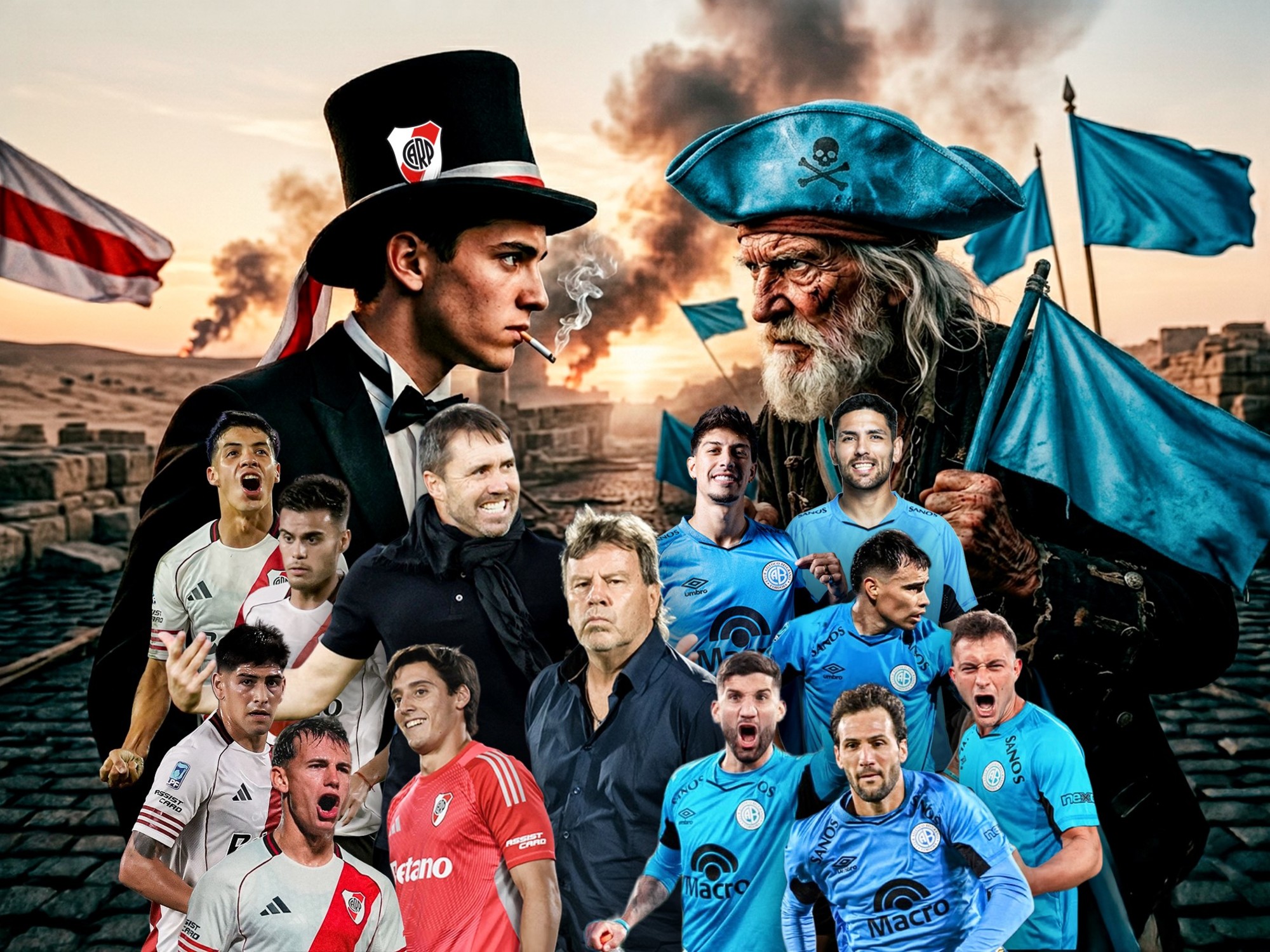 Jugadores de River Plate y Belgrano en el campo de juego antes de una final.