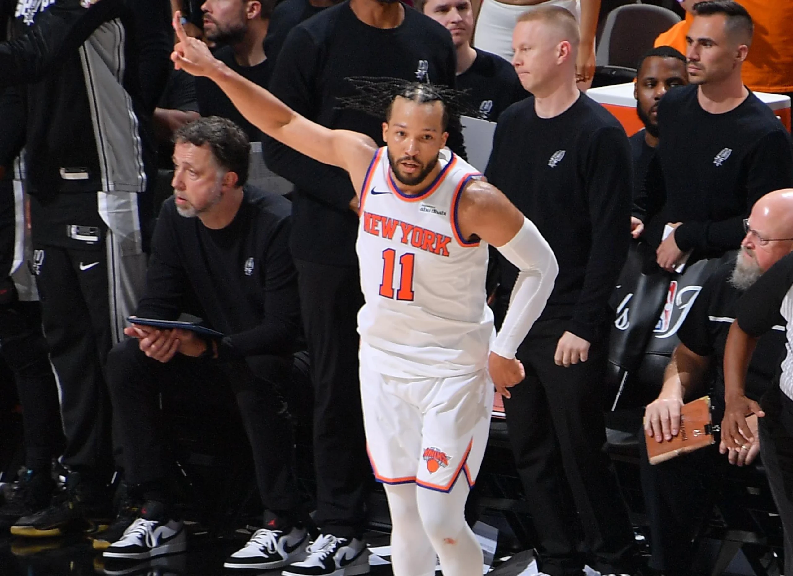 Jalen Brunson of the New York Knicks driving for a layup in Game 1 of the NBA Finals against the San Antonio Spurs.