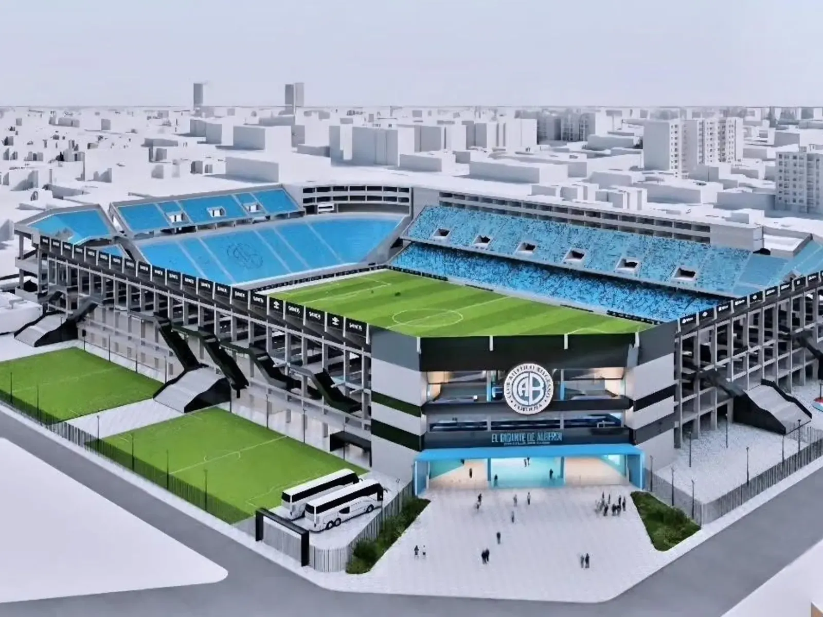 Vista exterior del Estadio Julio César Villagra de Belgrano, mostrando trabajos de renovación y pintura.
