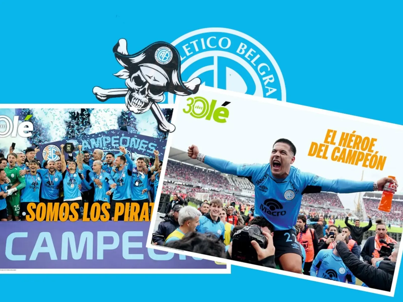 Equipo de fútbol Belgrano celebrando la victoria del campeonato con trofeo, póster, ambiente festivo