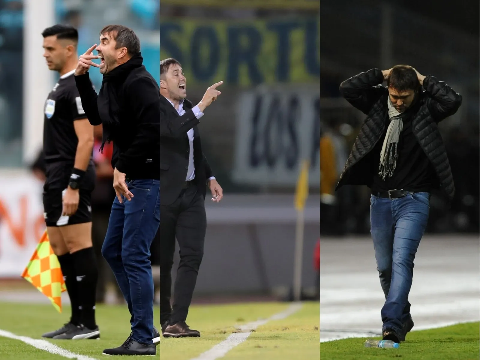 El entrenador Eduardo Coudet gesticula durante un partido de fútbol.