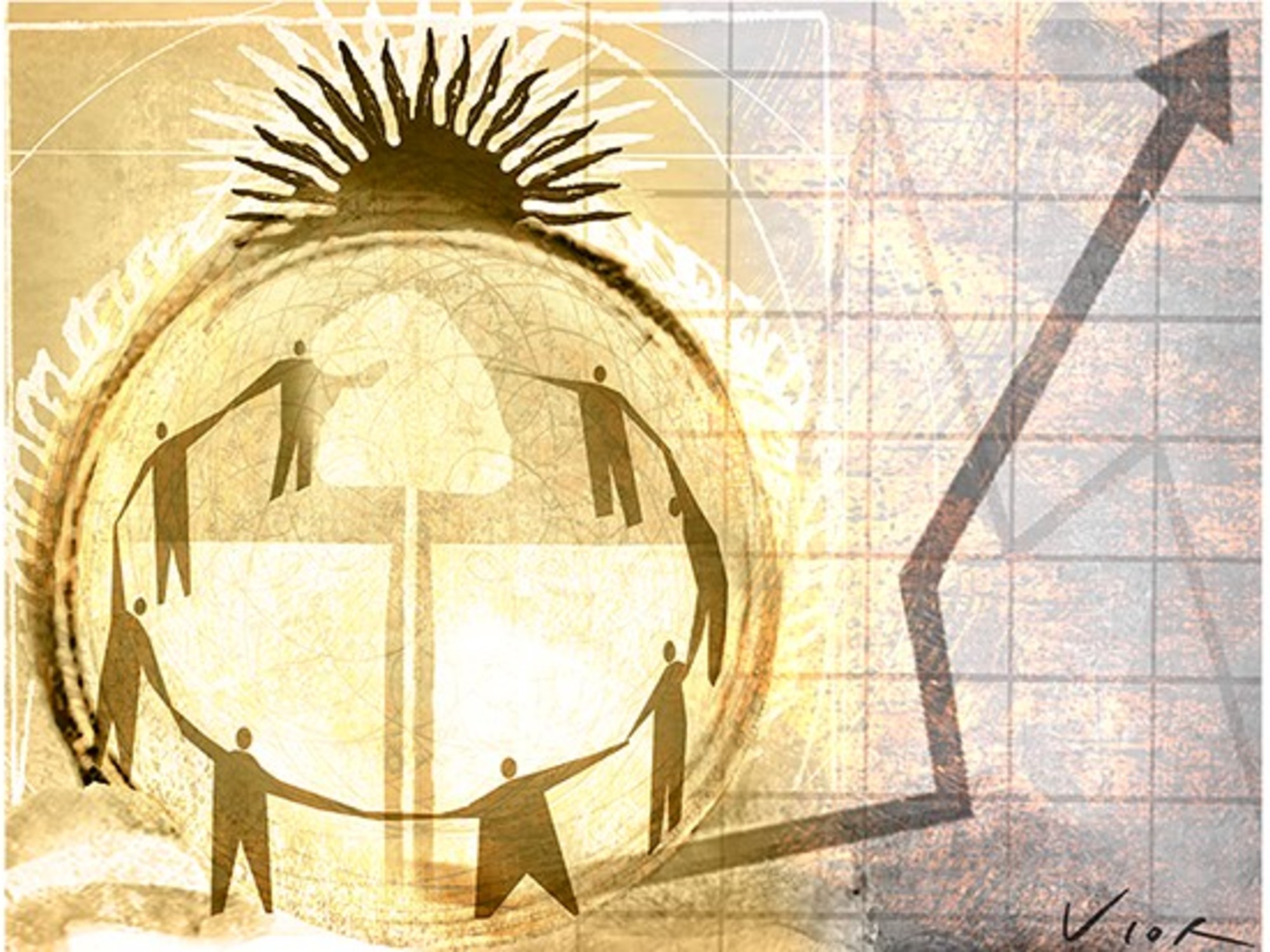 Ilustración editorial que representa la armonía social y los desafíos económicos en Argentina
