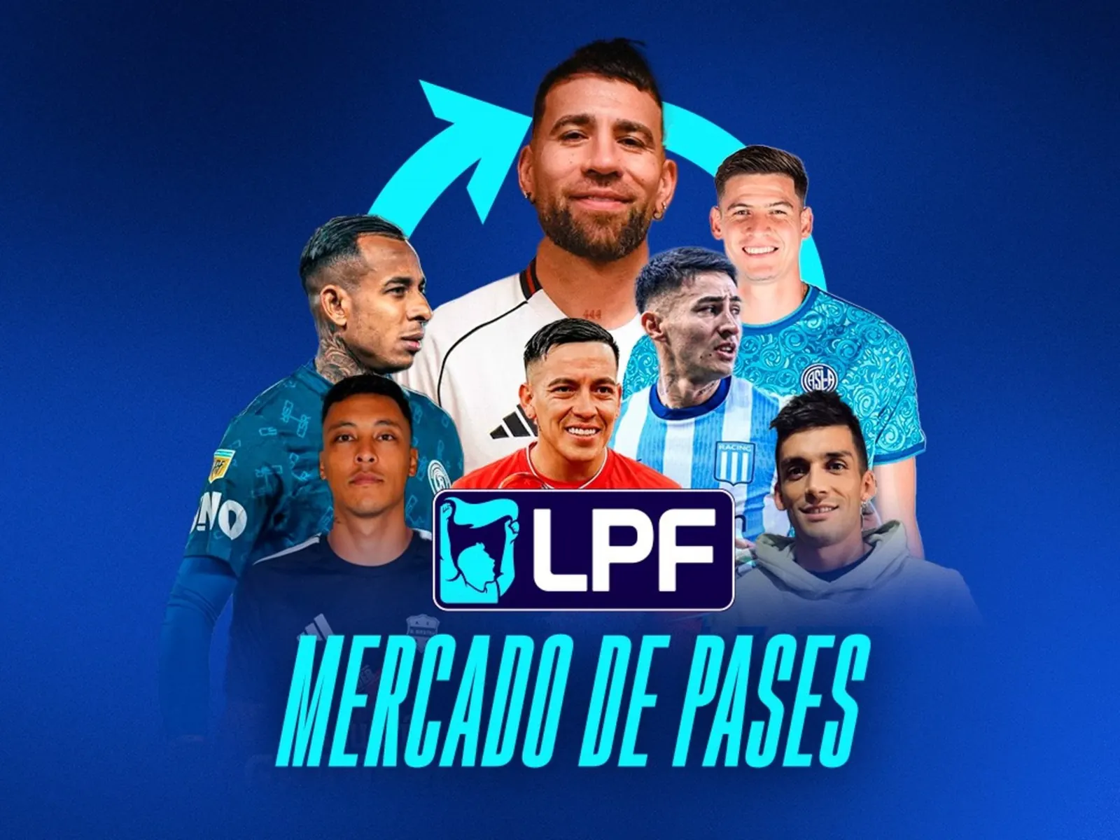 Representación gráfica del mercado de pases del fútbol argentino con escudos de clubes y siluetas de jugadores.