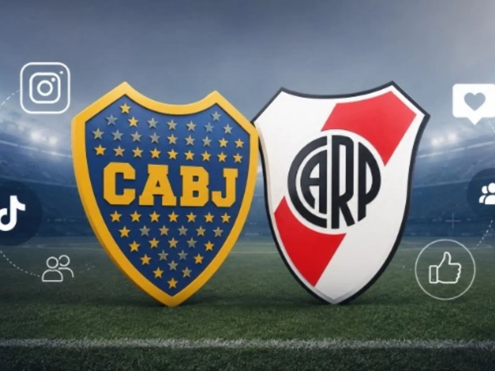 Jugadores de Boca Juniors y River Plate celebrando un gol, con superposición de iconos de redes sociales.