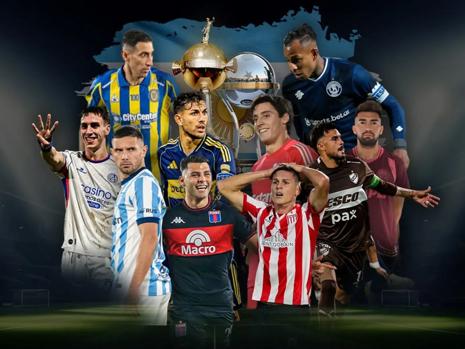 Jugadores de fútbol argentino celebrando un gol durante un partido de copa internacional.