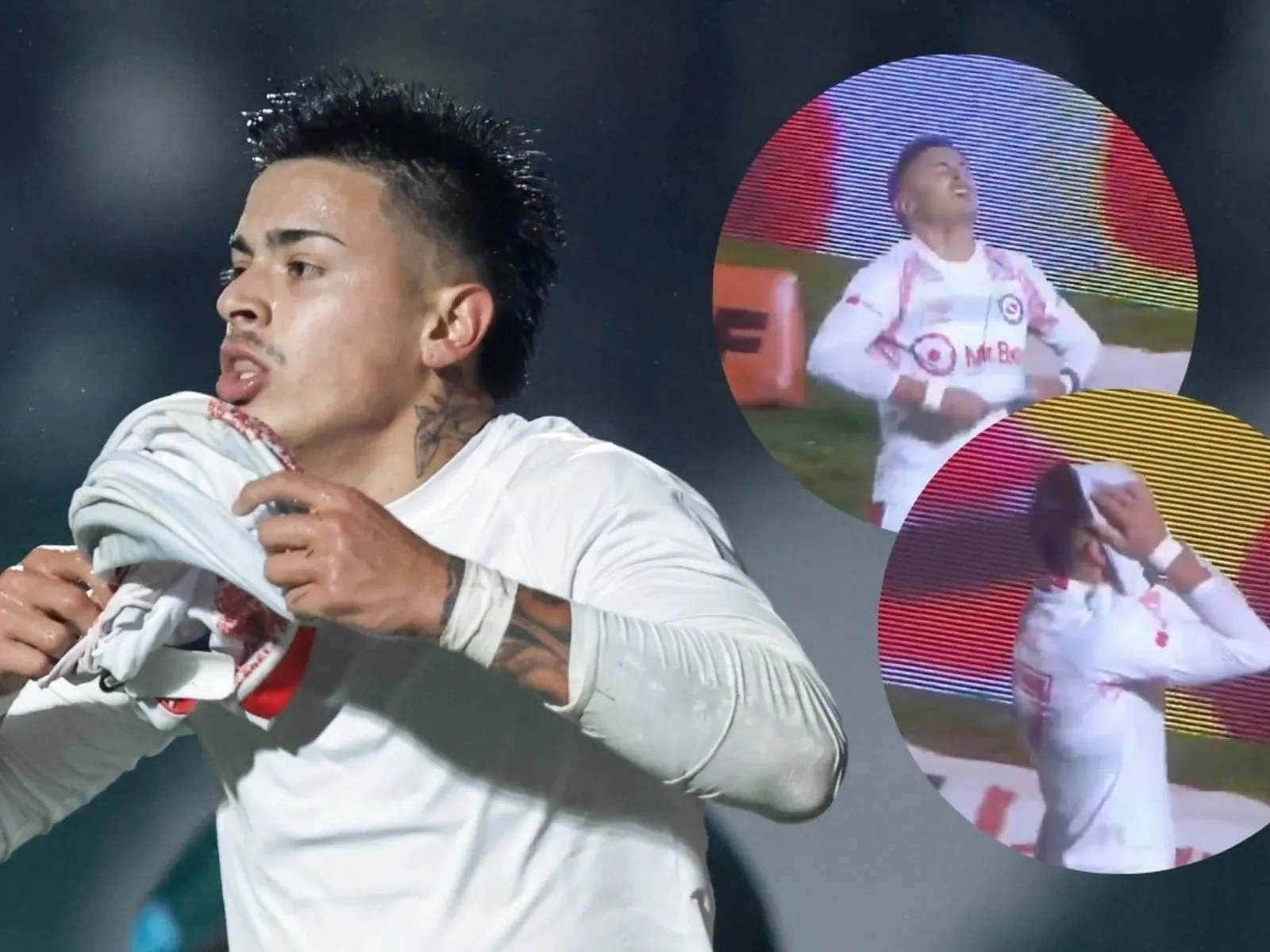 Diego Porcel, delantero de Argentinos Juniors, con la camiseta en la mano mientras el árbitro le muestra la segunda amarilla tras el gol ante Sarmiento