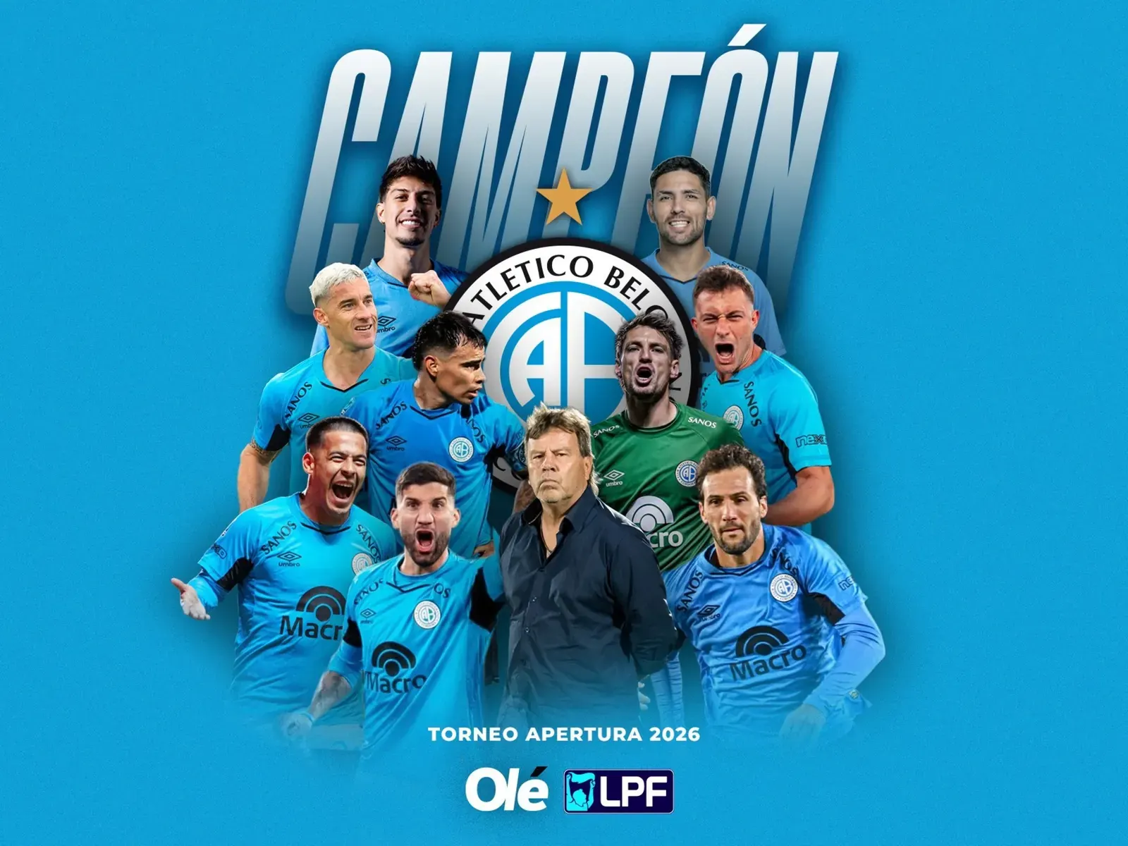 Jugadores de Belgrano levantan el trofeo del Torneo Apertura 2026 mientras son ovacionados por su público.