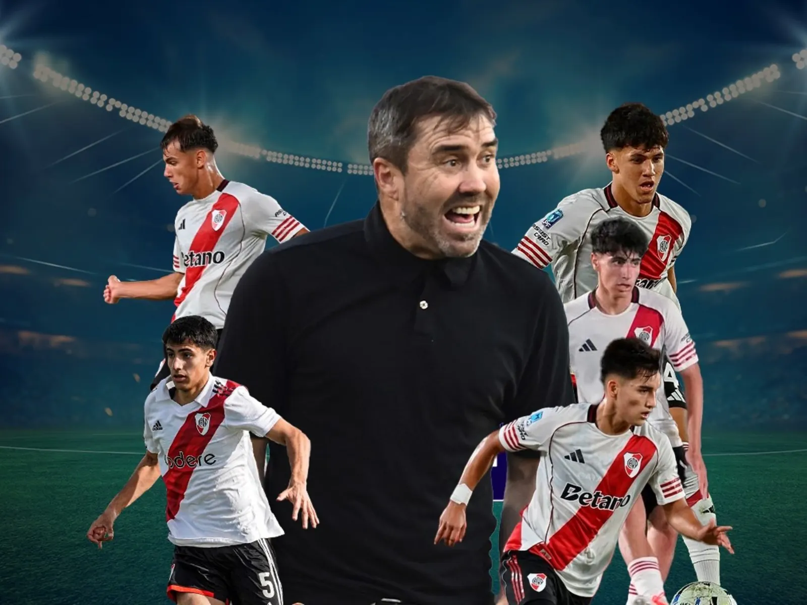 Un grupo de jóvenes jugadores de River Plate posan juntos en un campo de entrenamiento.