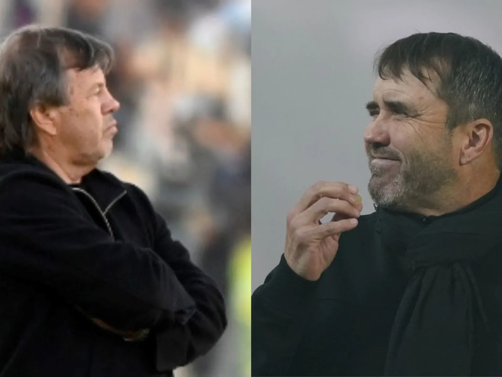 Eduardo Coudet y Ricardo Zielinski, directores técnicos de River Plate y Belgrano respectivamente, observando el partido desde el banco de suplentes.