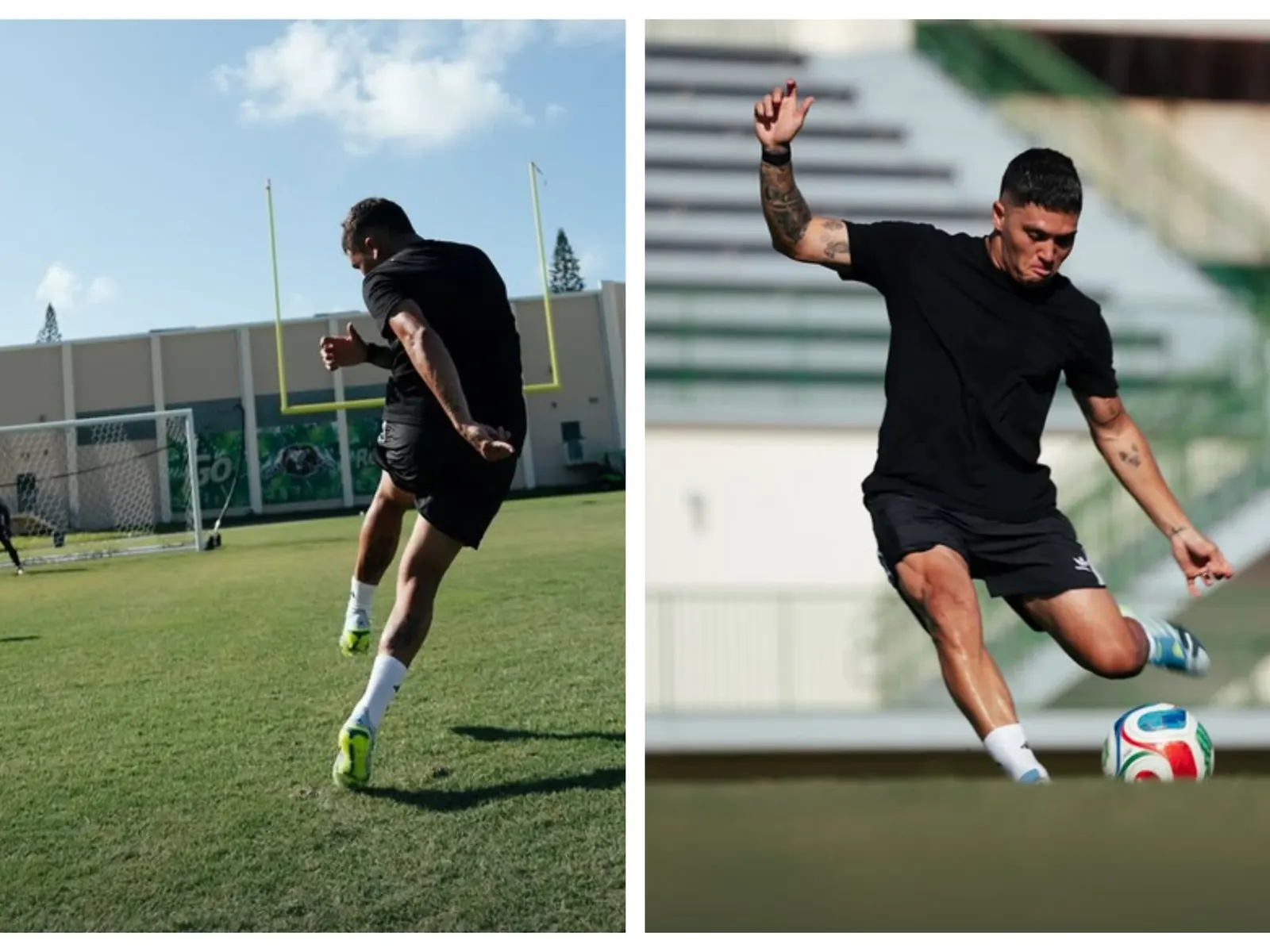 Juan Fernando Quintero entrenando con balón en Miami durante sus vacaciones, con una expresión de concentración.
