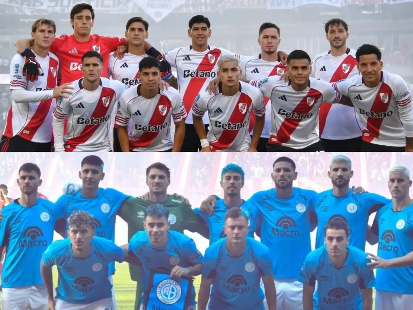 Jugadores de River Plate y Belgrano en un partido de fútbol.